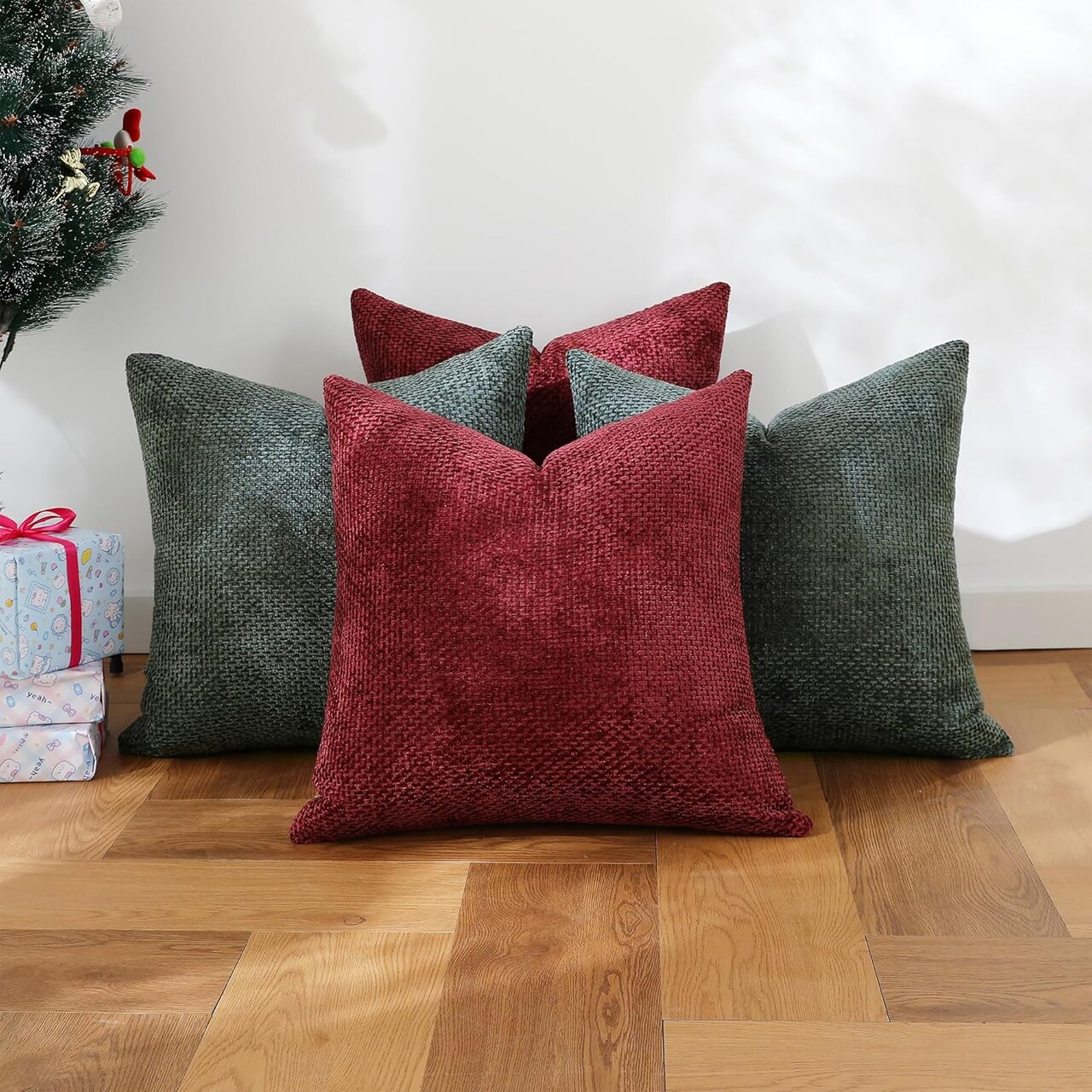 4 Packs Christmas Decorative Throw Pillow Covers Soft Chenille Woven Textured Accent Cushion Cases for Living Room Couch Bed Sofa Farmhouse Boho Home, 20x20 inch, Hunter Green and Wine Red